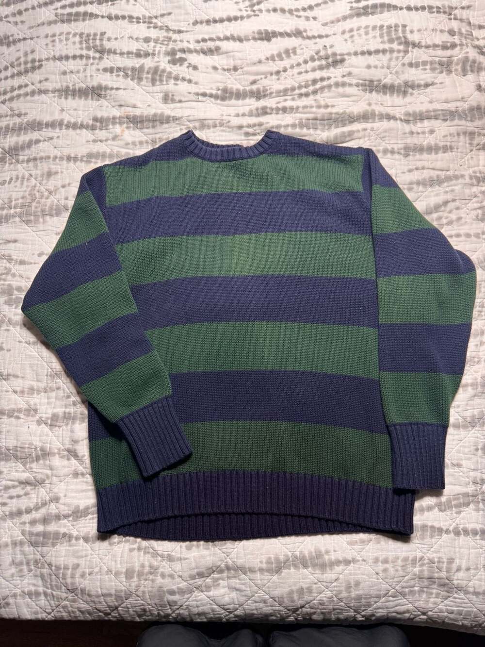 Brandy Melville Tate Dark Green and Blue Striped Cotton Crewneck Knit Sweater